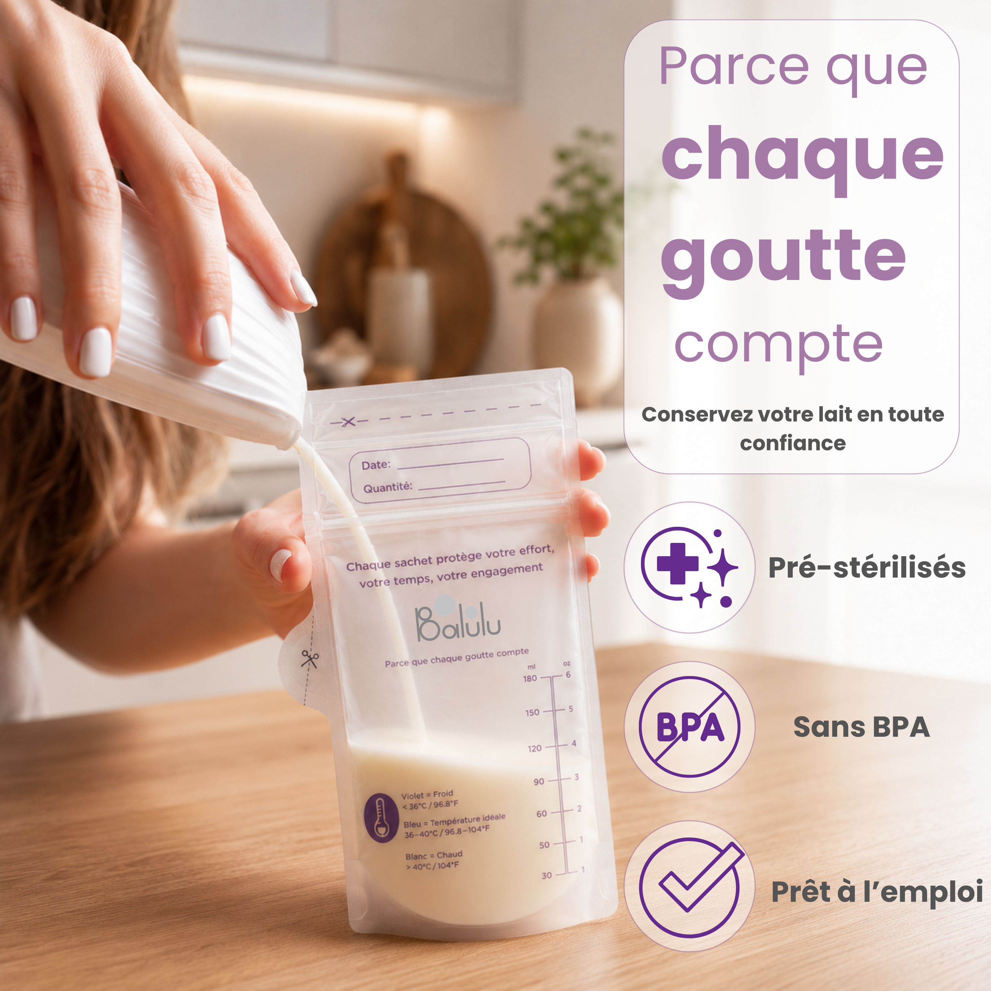 Sachets lait maternel avec indicateur de température