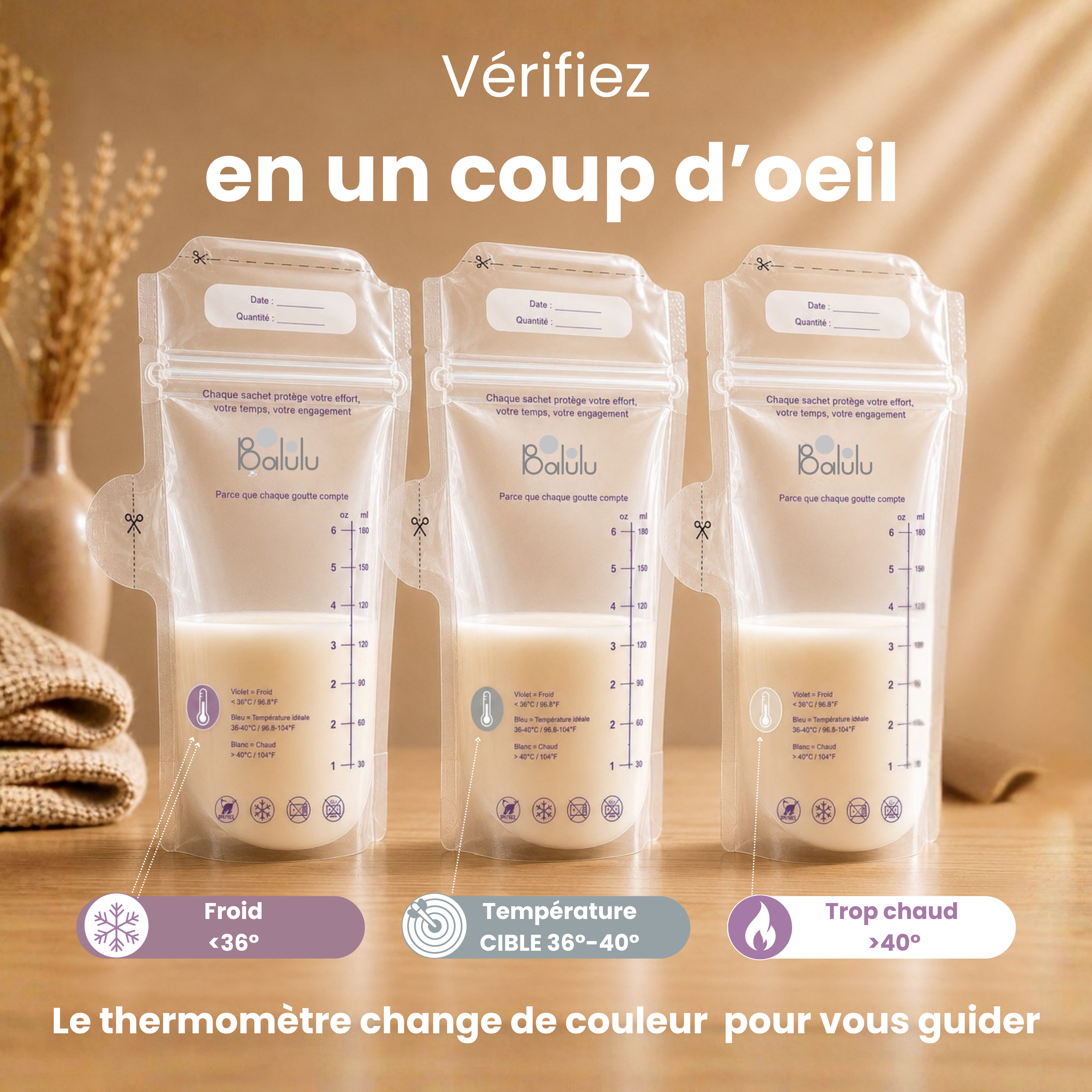Sachets lait maternel avec indicateur de température