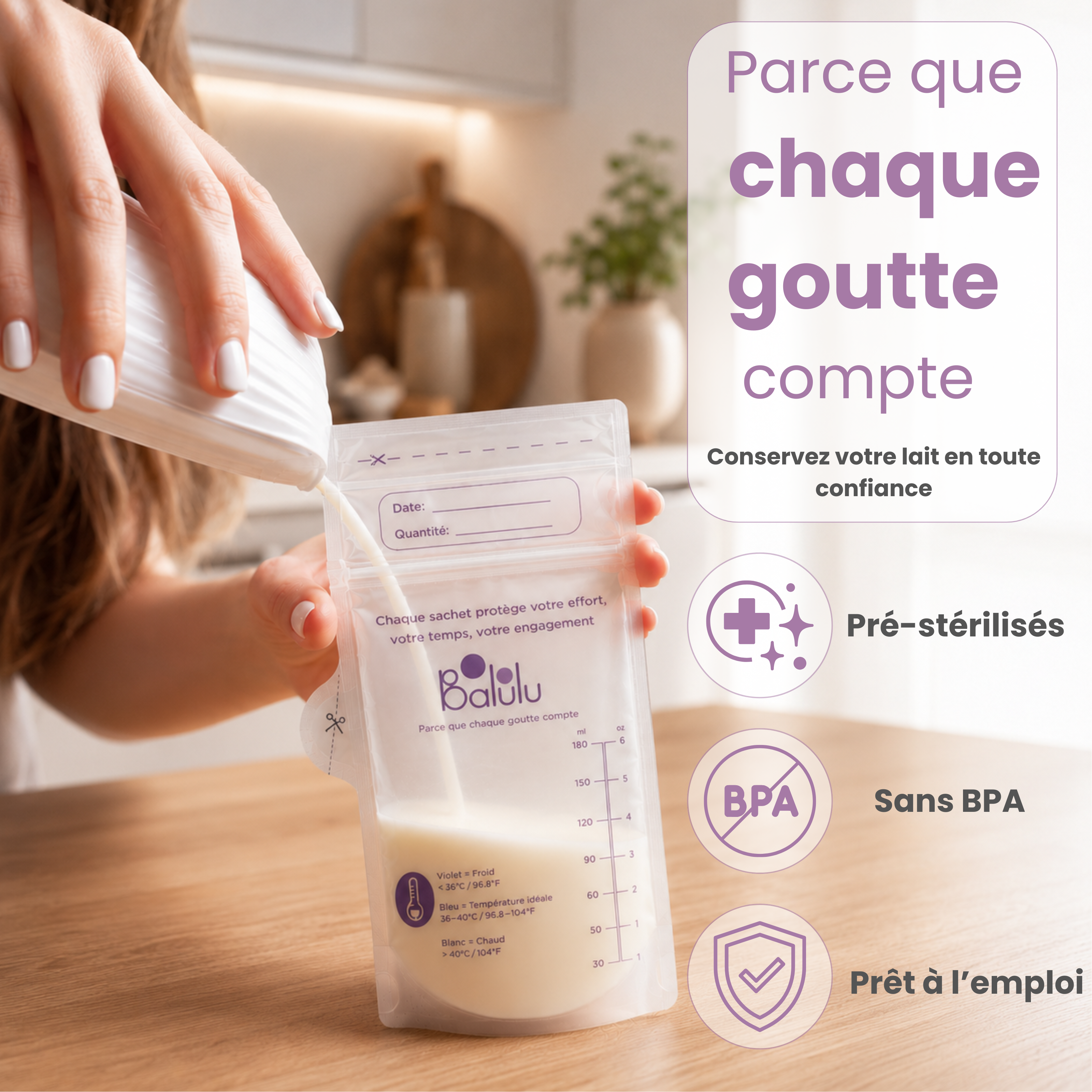 Sachets lait maternel avec indicateur de température