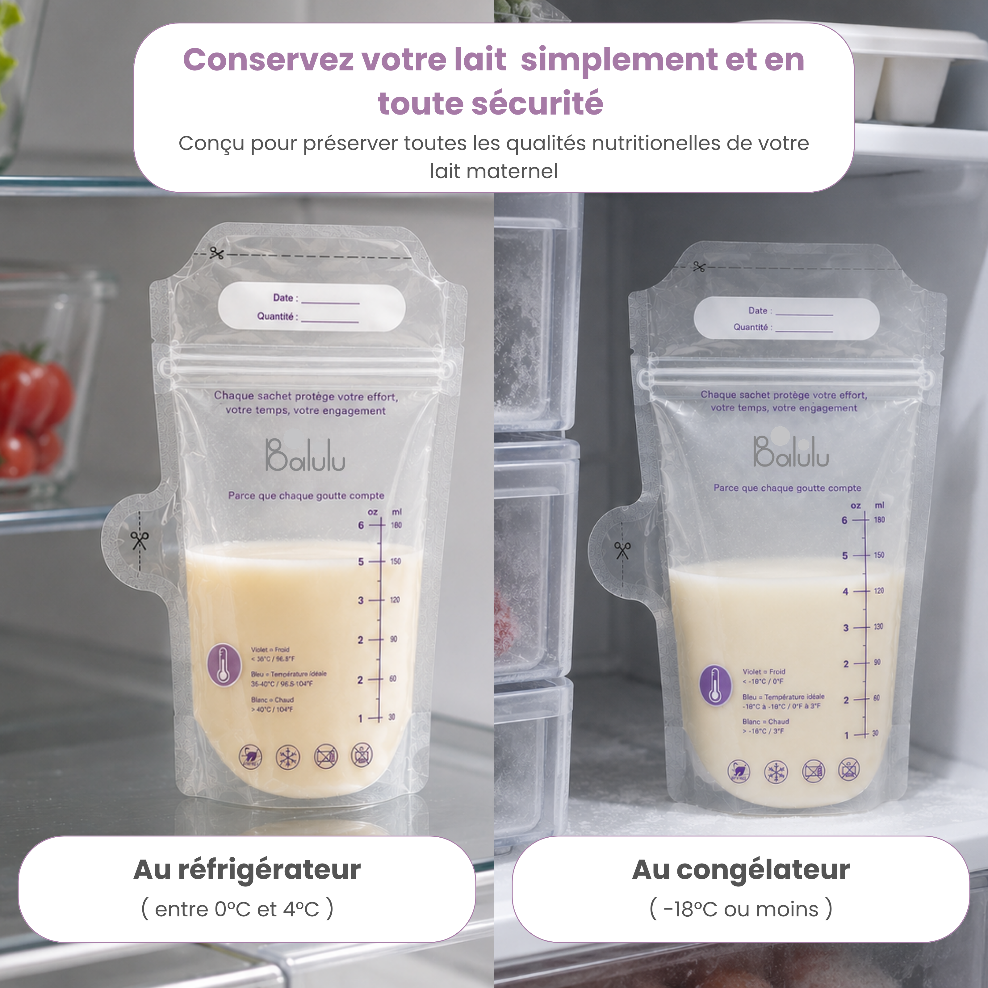 Sachets lait maternel avec indicateur de température