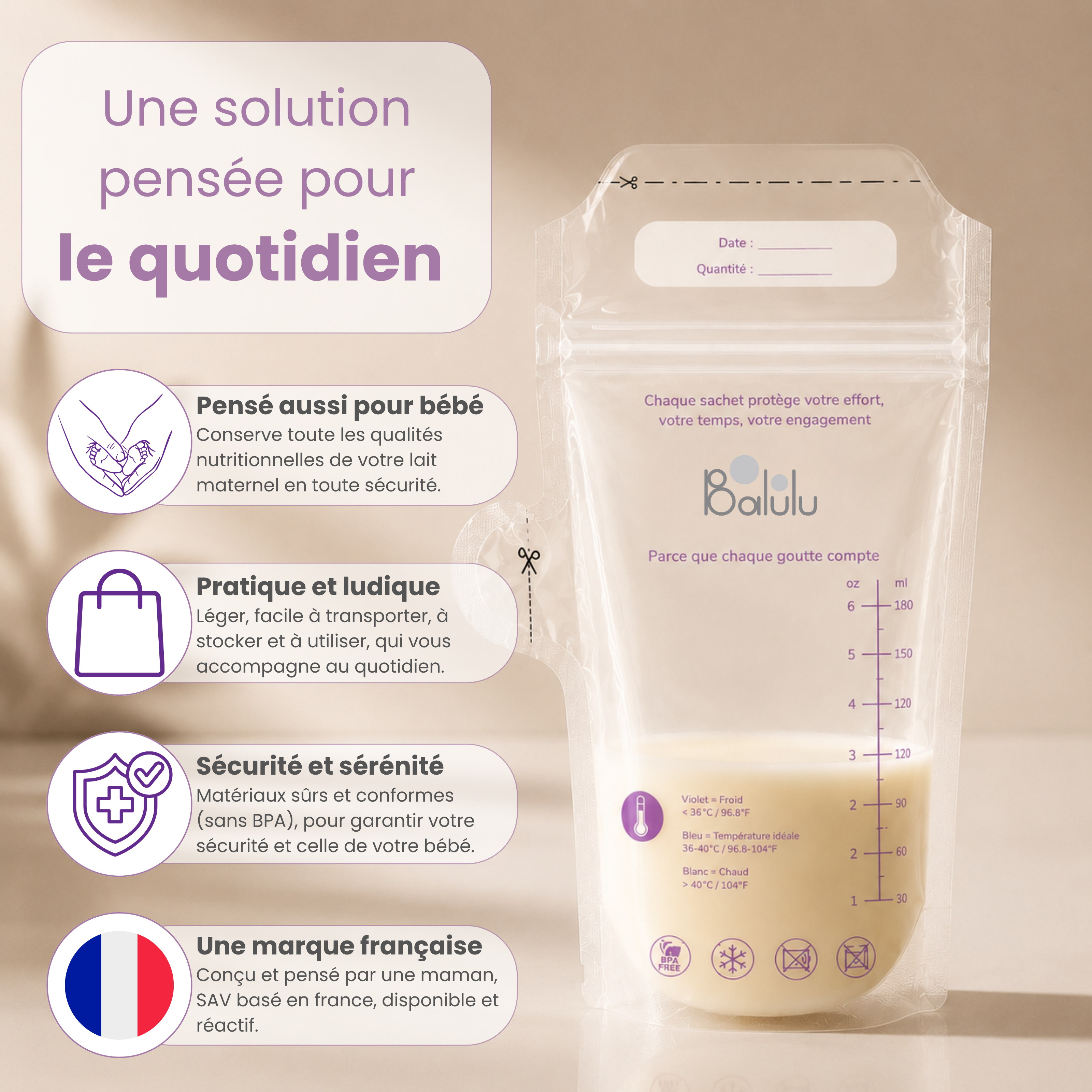 Sachets lait maternel avec indicateur de température